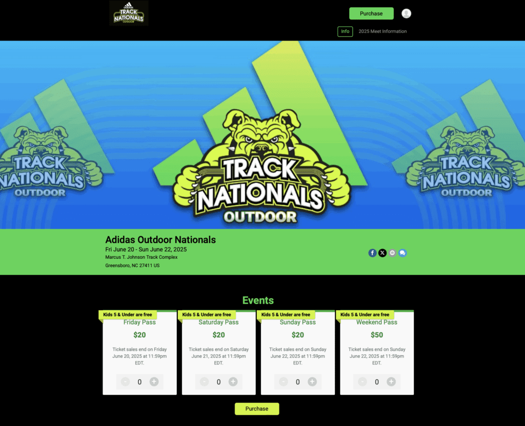 Adidas Outdoor Nationals tickets for track meets